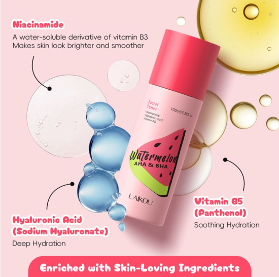 Laikou Watermelon AHA & BHA Facial Toner, Lactic Acid, Salicylic Acid, For All Types Of Skin, 100ml, LK32265A