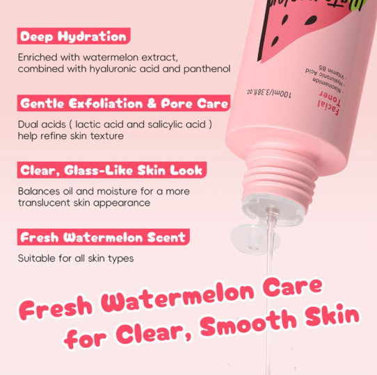 Laikou Watermelon AHA & BHA Facial Toner, Lactic Acid, Salicylic Acid, For All Types Of Skin, 100ml, LK32265A