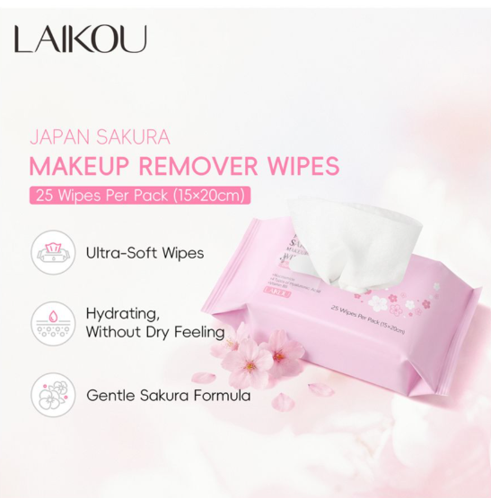 Laikou Japan Sakura Makeup Remover Wipes, Niacinamide, Hyaluronic Acid, 25-Pack, LK31657A