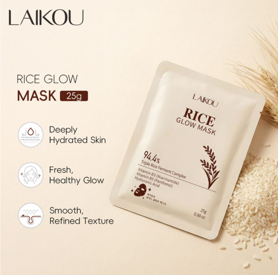 Laikou 94.4% Triple Rice Ferment Complex Rice Glow Mask, Hyaluronic Acid, Vitamin B5 & B3, For Hydrated Skin, 25g, LK31671A