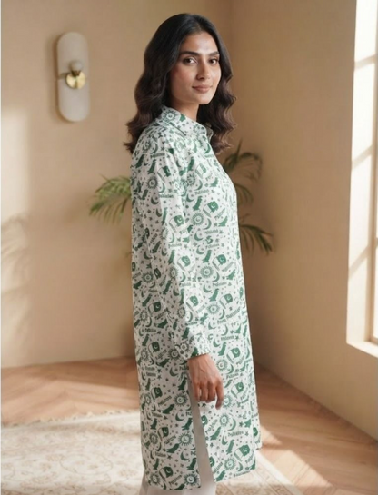 Basix Independence Day Pakistan Flag Kurti For Women, With Mask & Hair Band