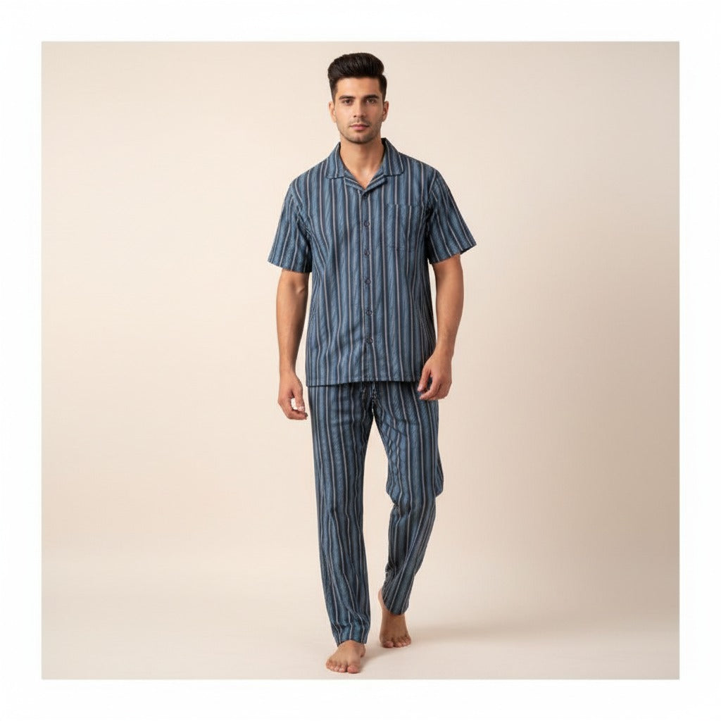 Basix Men's Stripes Short Sleeves Loungewear, 2 Piece Set, Black &amp; Sea Green, LW-840