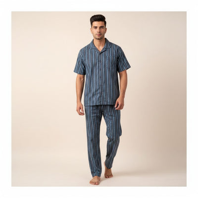 Basix Men's Stripes Short Sleeves Loungewear, 2 Piece Set, Black & Sea Green, LW-840