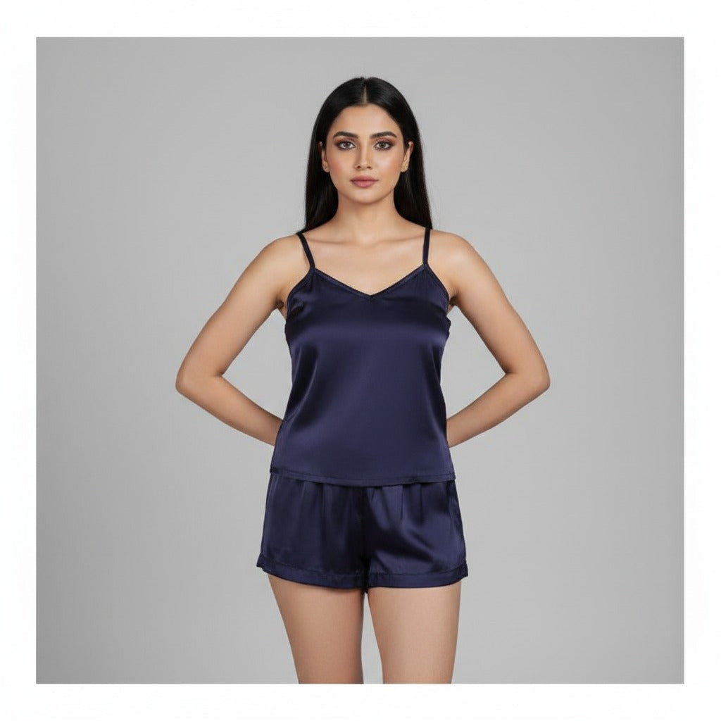 Basix Women's Cami Top &amp; Short With Large Piping, 2 Piece Set, Navy Blue, CS-128