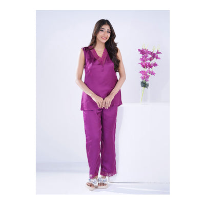 Basix Women's V-Neck Sleeveless Top & Trouser With Lace Trims, 2 Piece Set, Silk, Purple, SW-128