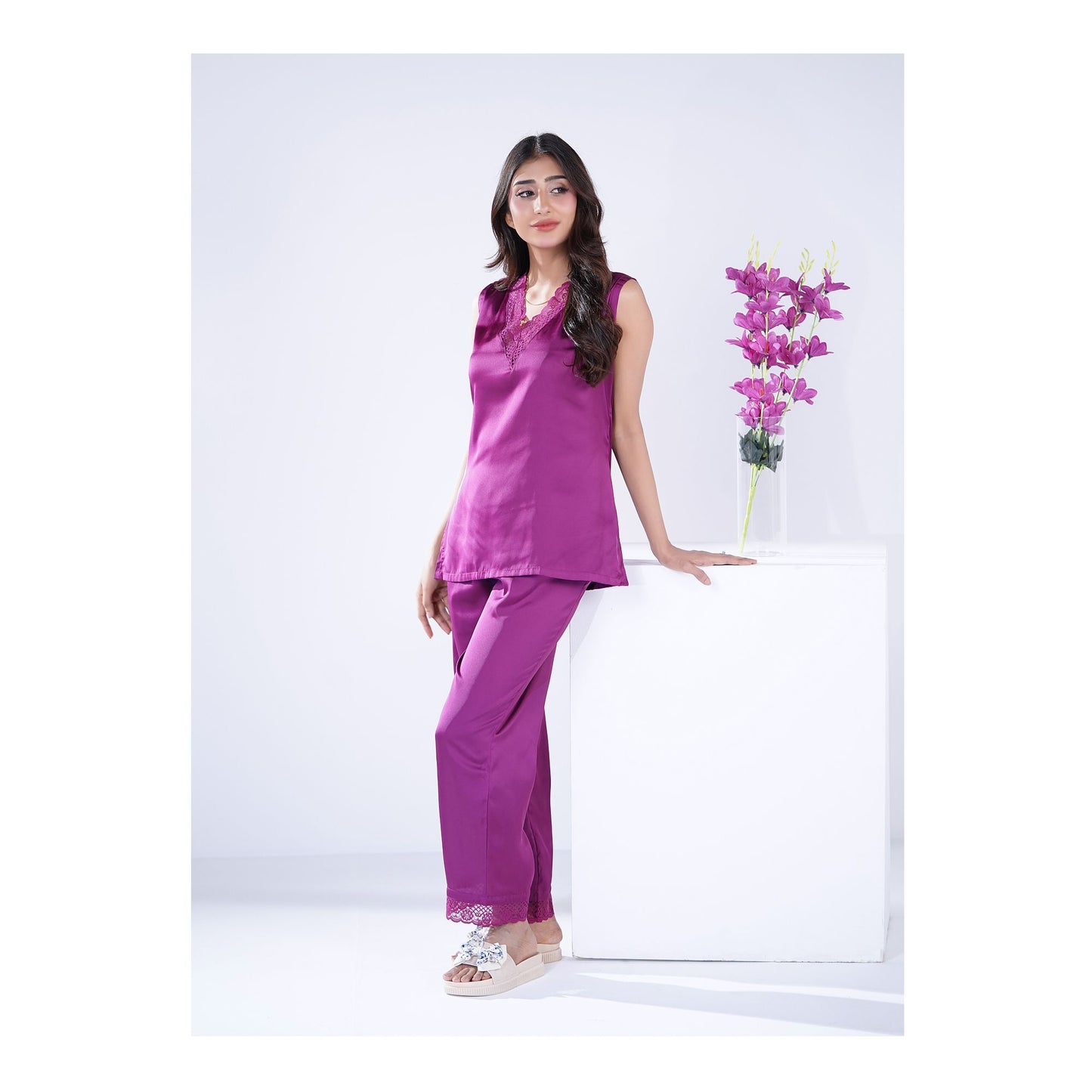 Basix Women's V-Neck Sleeveless Top &amp; Trouser With Lace Trims, 2 Piece Set, Silk, Purple, SW-128