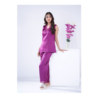 Basix Women's V-Neck Sleeveless Top &amp; Trouser With Lace Trims, 2 Piece Set, Silk, Purple, SW-128
