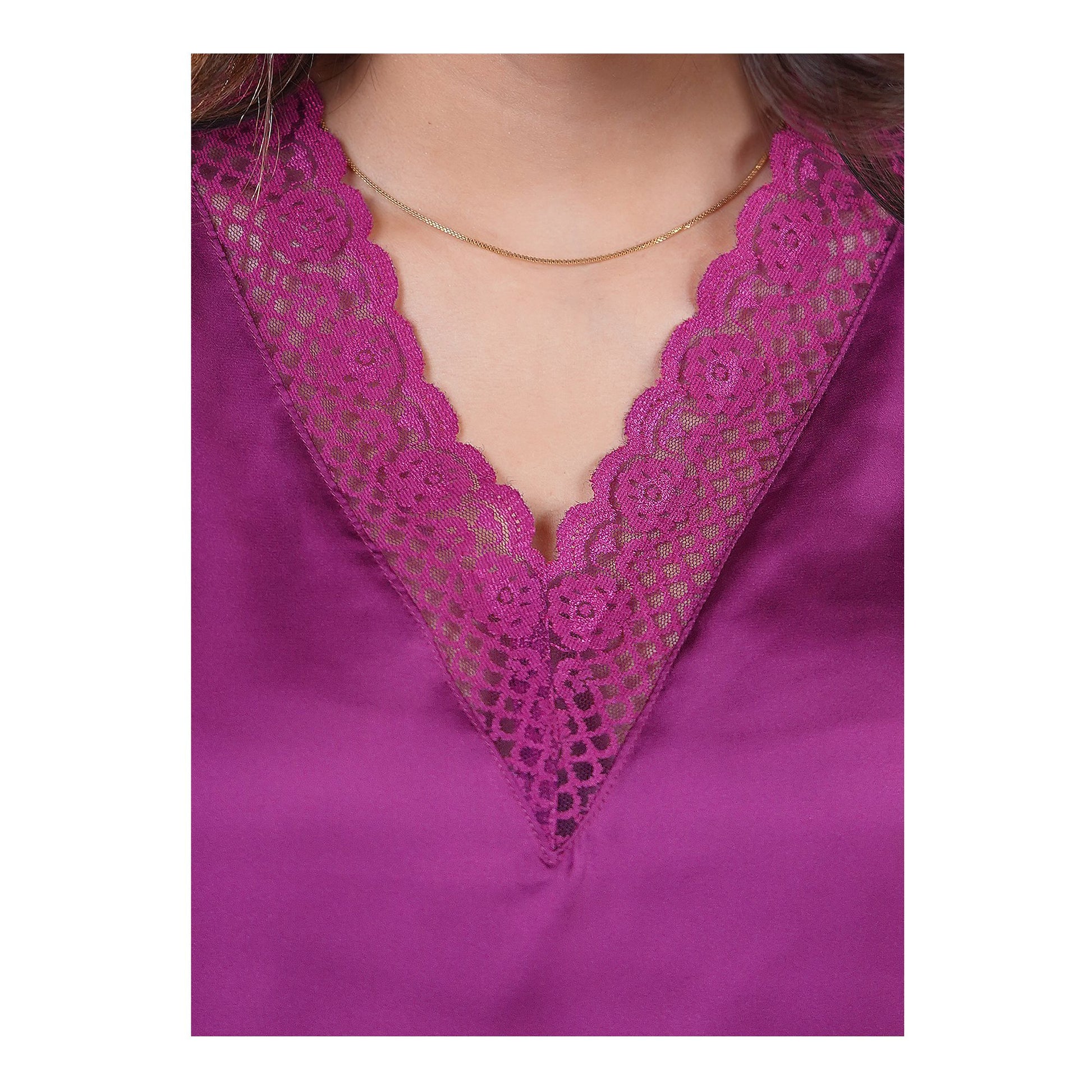 Basix Women's V-Neck Sleeveless Top &amp; Trouser With Lace Trims, 2 Piece Set, Silk, Purple, SW-128