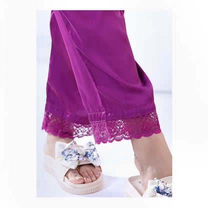 Basix Women's V-Neck Sleeveless Top &amp; Trouser With Lace Trims, 2 Piece Set, Silk, Purple, SW-128