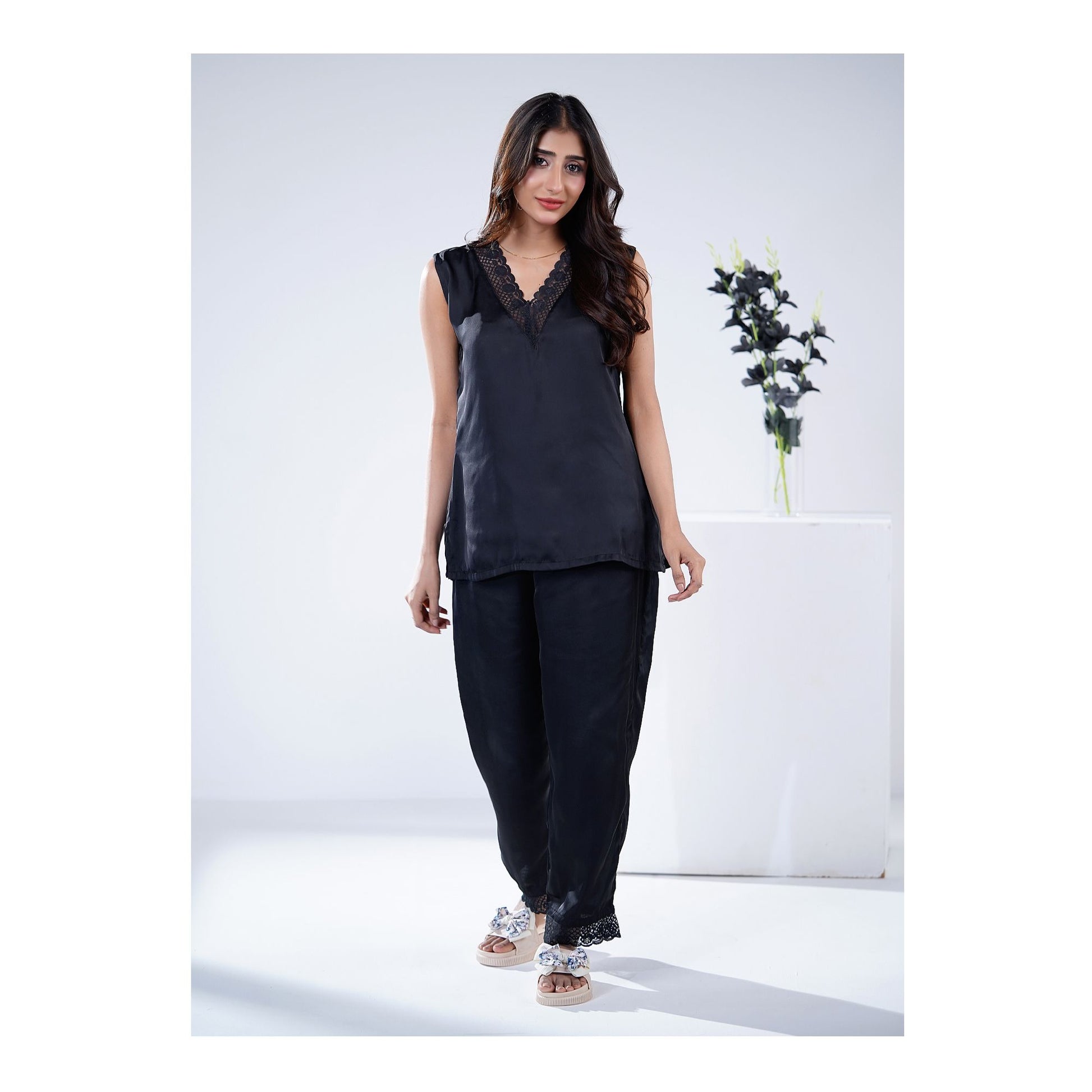 Basix Women's V-Neck Sleeveless Top &amp; Trouser With Lace Trims, 2 Piece Set, Silk, Black, SW-129