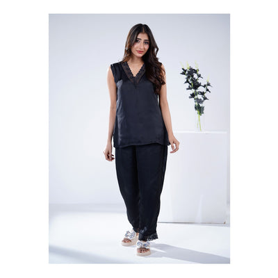 Basix Women's V-Neck Sleeveless Top & Trouser With Lace Trims, 2 Piece Set, Silk, Black, SW-129
