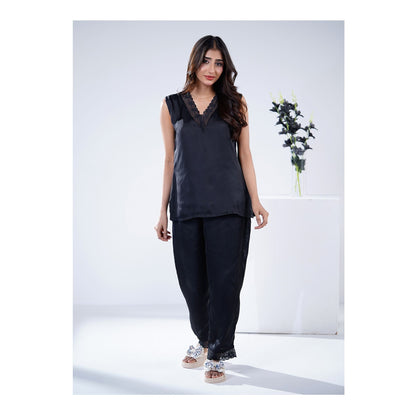Basix Women's V-Neck Sleeveless Top &amp; Trouser With Lace Trims, 2 Piece Set, Silk, Black, SW-129