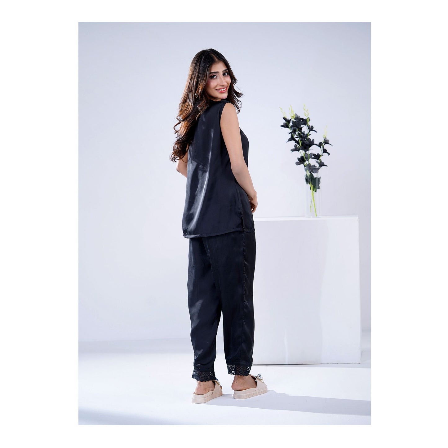 Basix Women's V-Neck Sleeveless Top &amp; Trouser With Lace Trims, 2 Piece Set, Silk, Black, SW-129