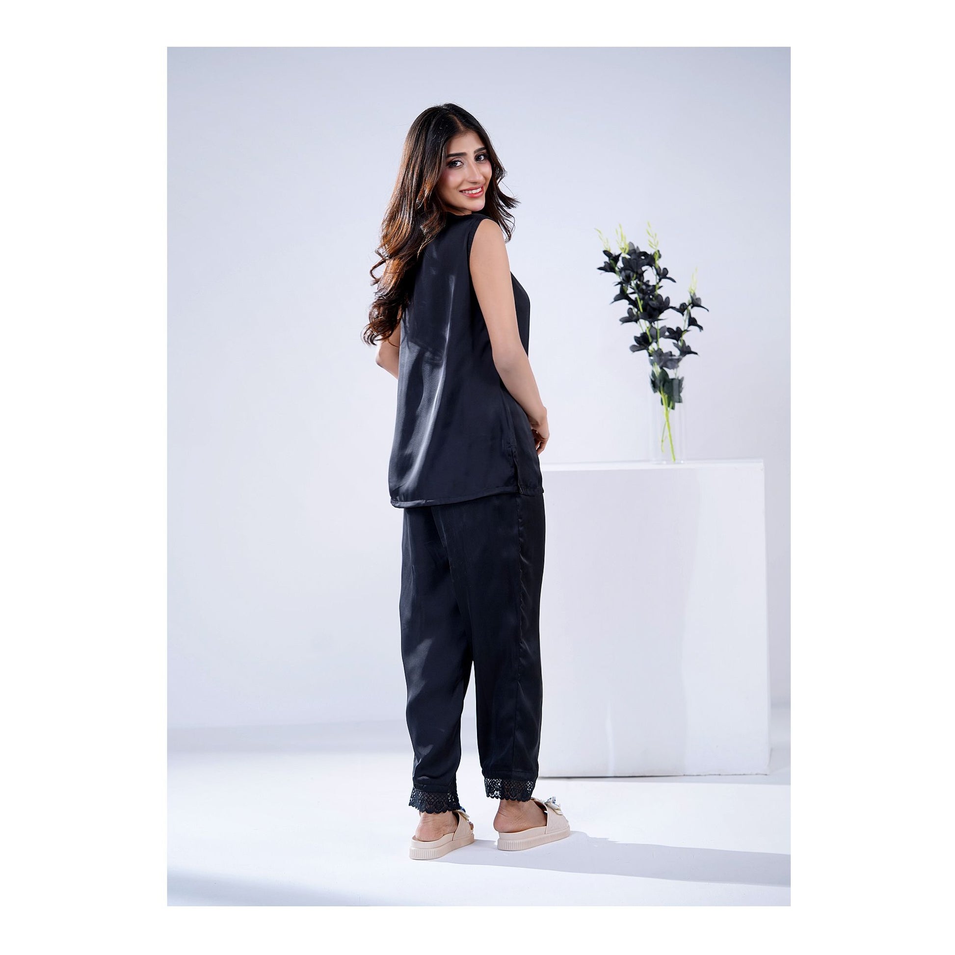 Basix Women's V-Neck Sleeveless Top &amp; Trouser With Lace Trims, 2 Piece Set, Silk, Black, SW-129