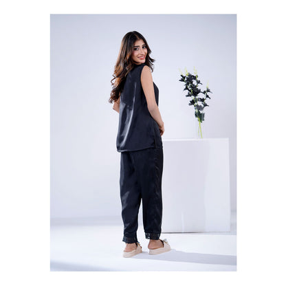 Basix Women's V-Neck Sleeveless Top &amp; Trouser With Lace Trims, 2 Piece Set, Silk, Black, SW-129