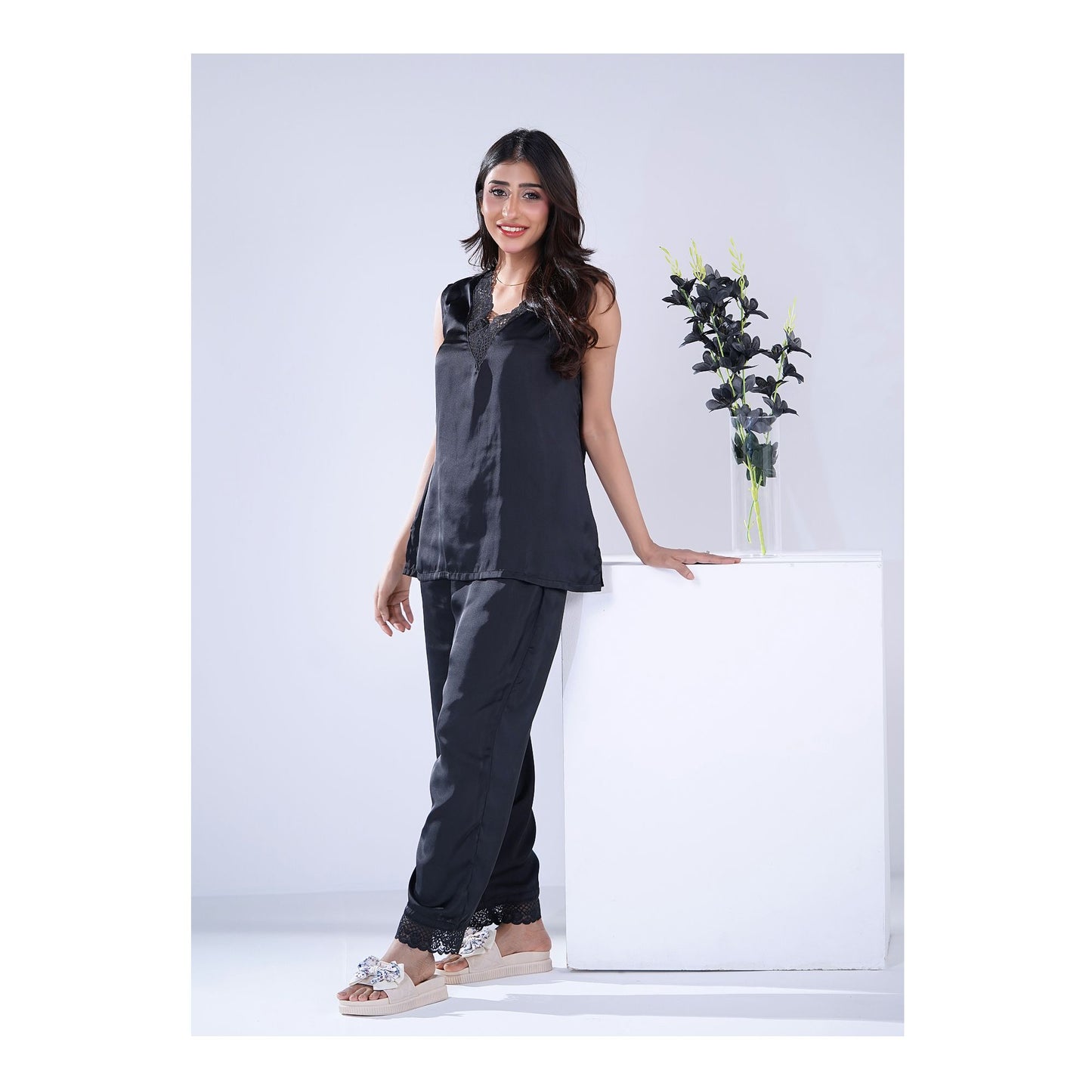 Basix Women's V-Neck Sleeveless Top &amp; Trouser With Lace Trims, 2 Piece Set, Silk, Black, SW-129