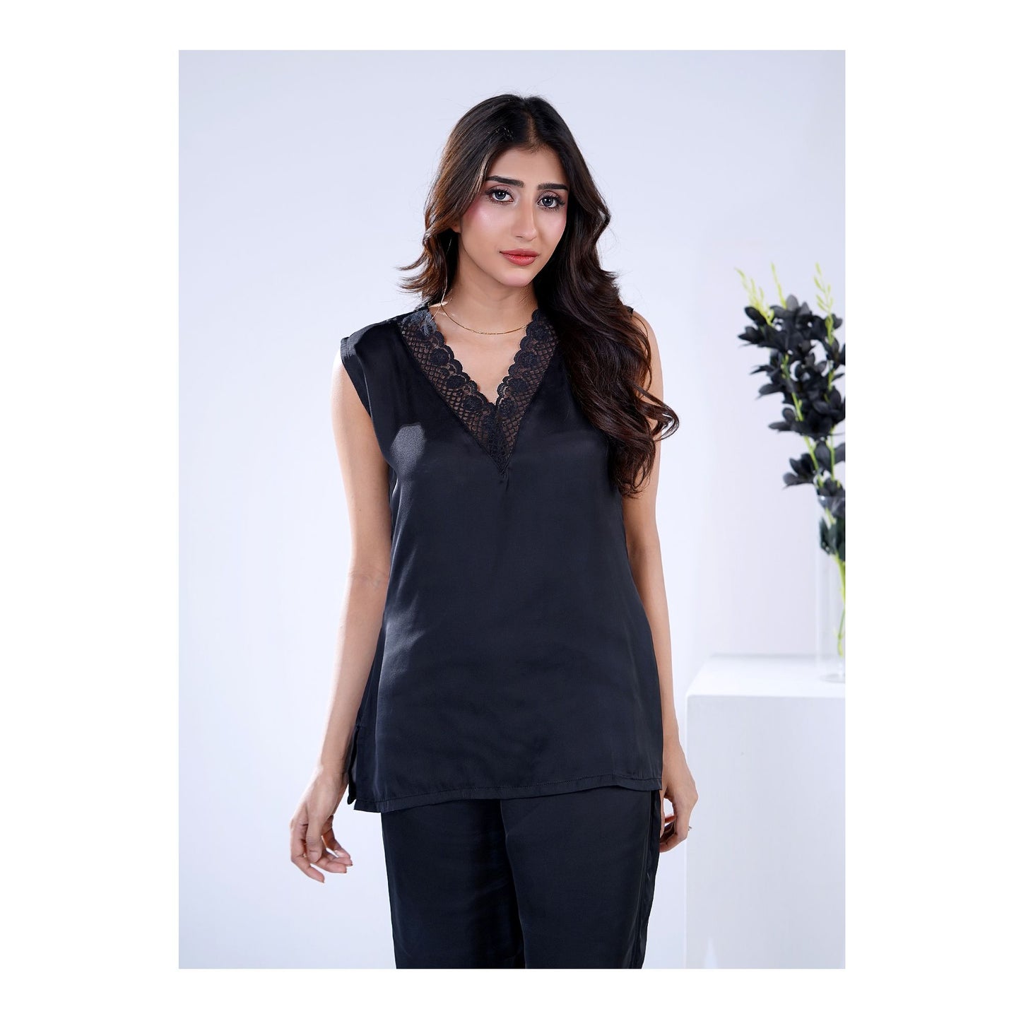 Basix Women's V-Neck Sleeveless Top &amp; Trouser With Lace Trims, 2 Piece Set, Silk, Black, SW-129