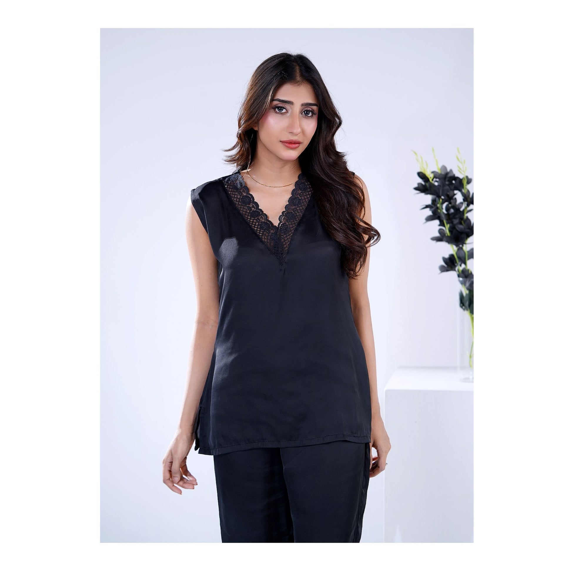 Basix Women's V-Neck Sleeveless Top &amp; Trouser With Lace Trims, 2 Piece Set, Silk, Black, SW-129
