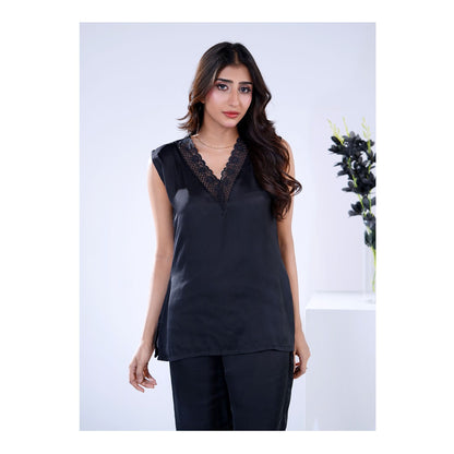 Basix Women's V-Neck Sleeveless Top &amp; Trouser With Lace Trims, 2 Piece Set, Silk, Black, SW-129