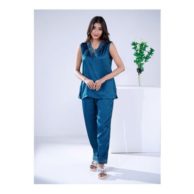 Basix Women's V-Neck Sleeveless Top & Trouser With Lace Trims, 2 Piece Set, Silk, Teal, SW-130