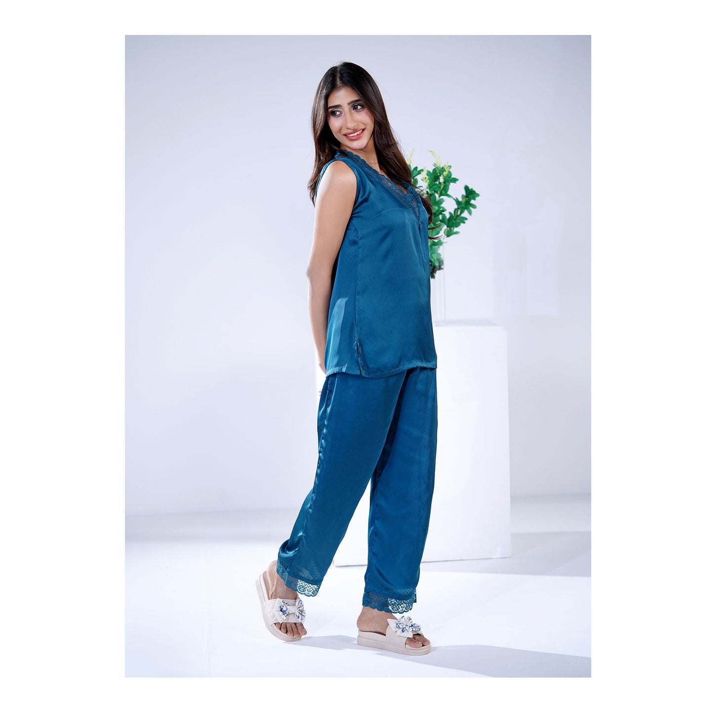 Basix Women's V-Neck Sleeveless Top &amp; Trouser With Lace Trims, 2 Piece Set, Silk, Teal, SW-130