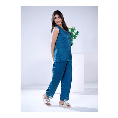 Basix Women's V-Neck Sleeveless Top & Trouser With Lace Trims, 2 Piece Set, Silk, Teal, SW-130