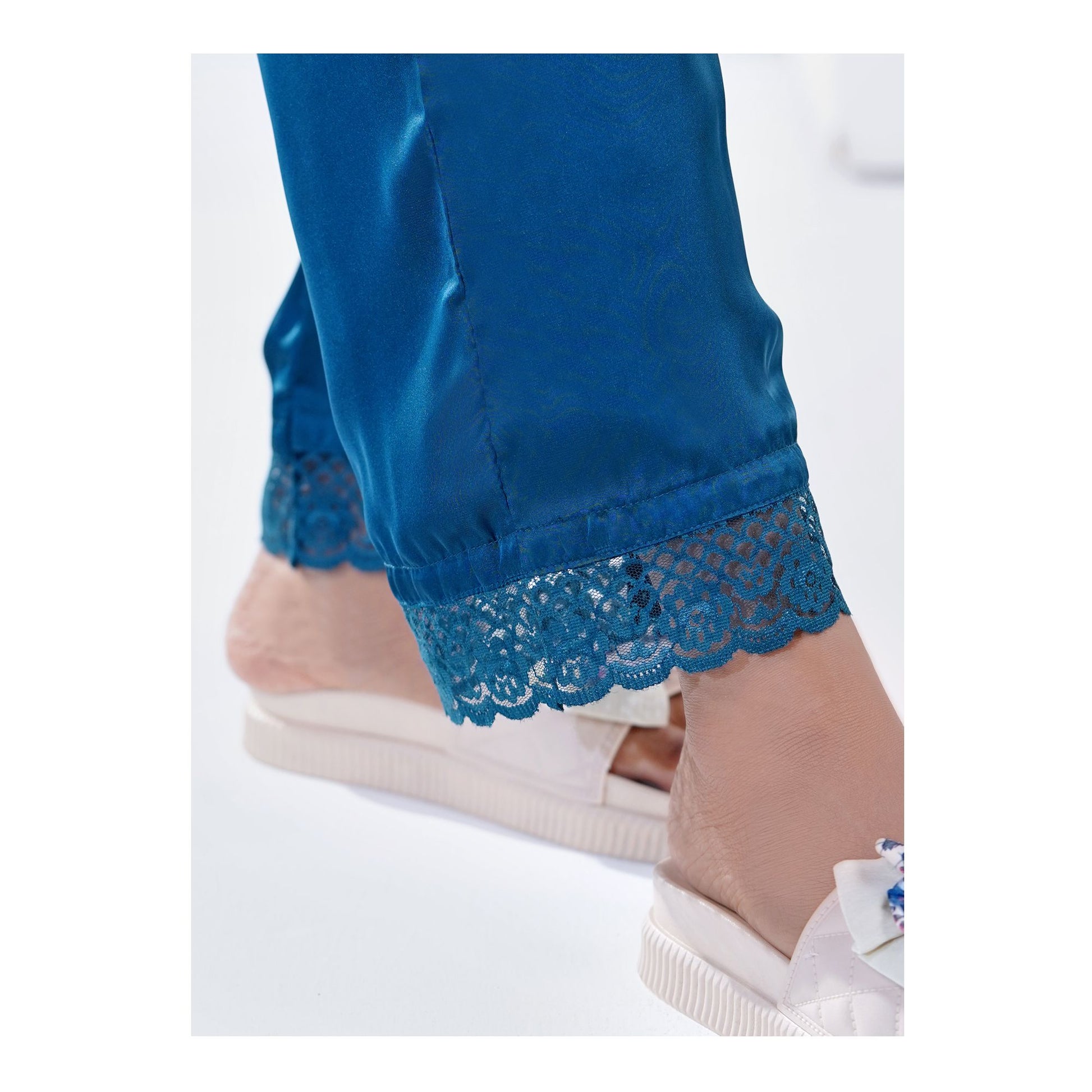 Basix Women's V-Neck Sleeveless Top &amp; Trouser With Lace Trims, 2 Piece Set, Silk, Teal, SW-130