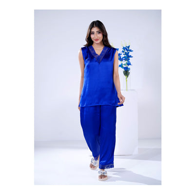 Basix Women's V-Neck Sleeveless Top & Trouser With Lace Trims, 2 Piece Set, Silk, Royal Blue, SW-131