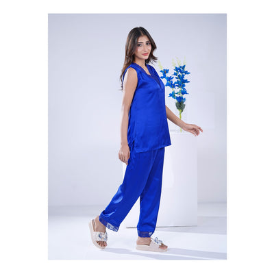 Basix Women's V-Neck Sleeveless Top & Trouser With Lace Trims, 2 Piece Set, Silk, Royal Blue, SW-131