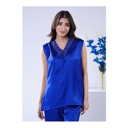 Basix Women's V-Neck Sleeveless Top &amp; Trouser With Lace Trims, 2 Piece Set, Silk, Royal Blue, SW-131