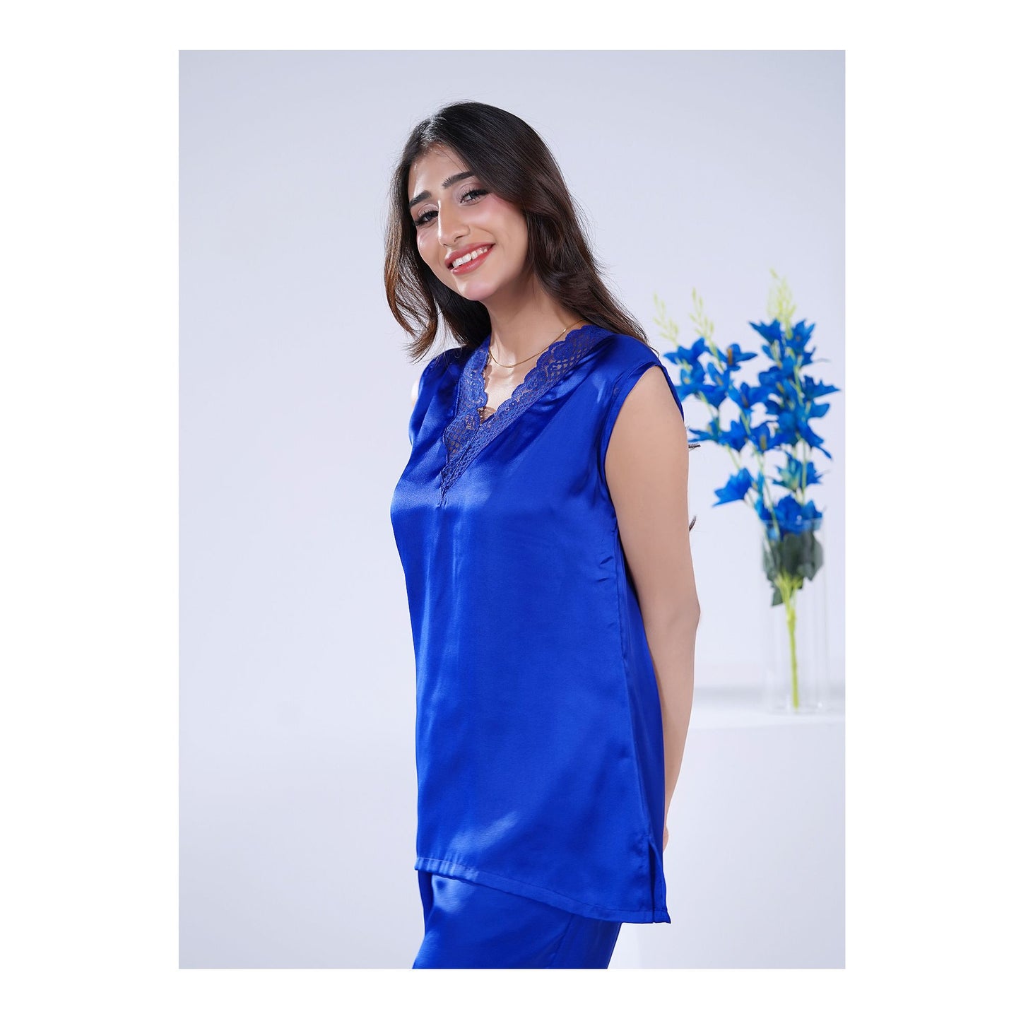 Basix Women's V-Neck Sleeveless Top &amp; Trouser With Lace Trims, 2 Piece Set, Silk, Royal Blue, SW-131