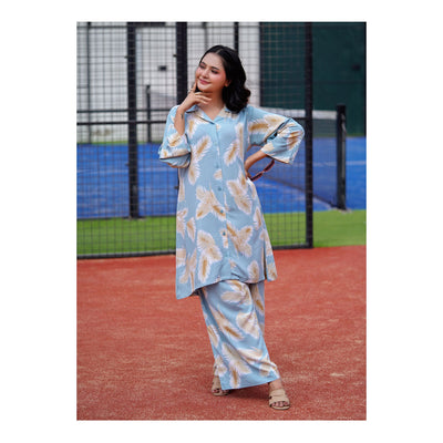 Basix Women's Co-Ord Set, Viscose, Sea Green With Leaves, CORD-124