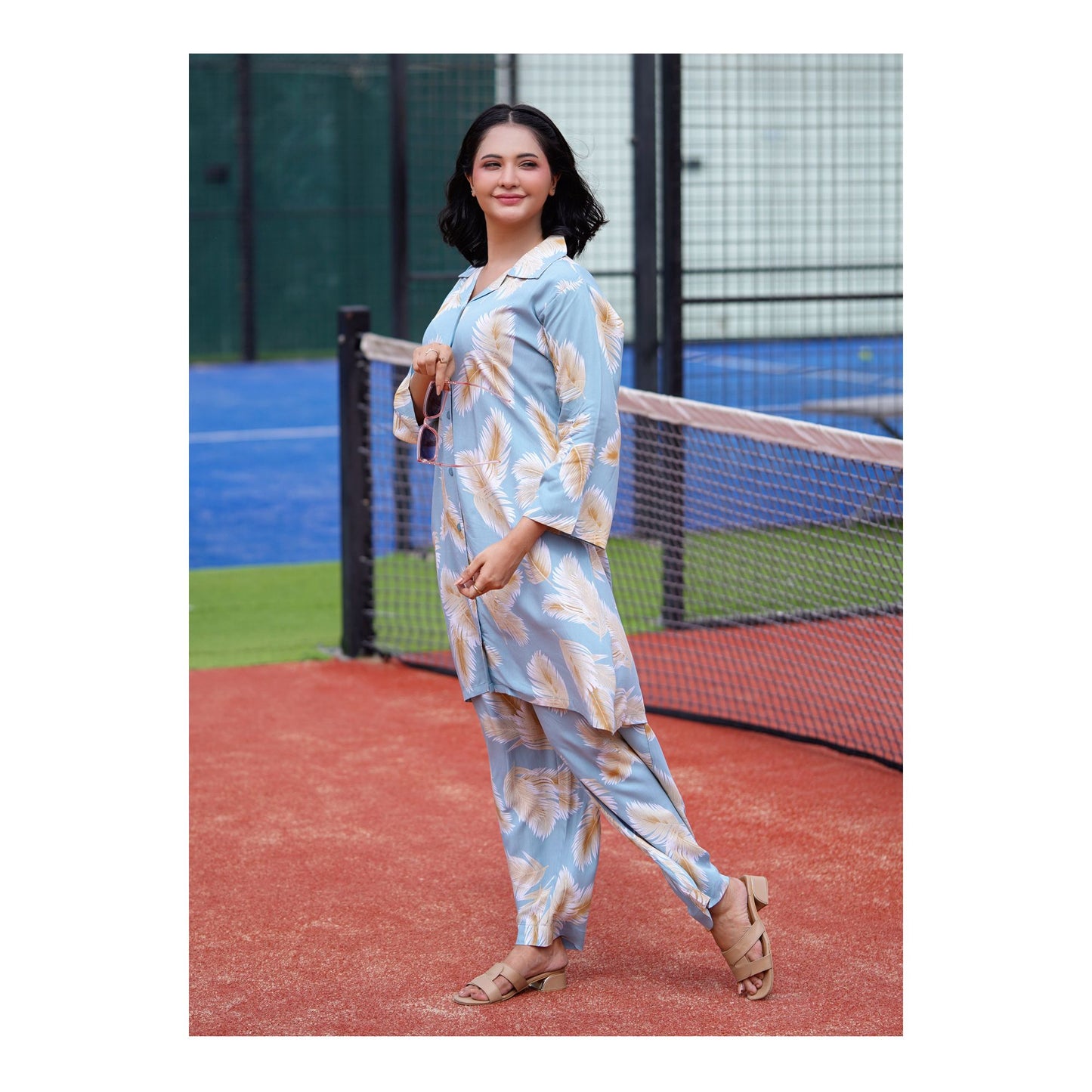 Basix Women's Co-Ord Set, Viscose, Sea Green With Leaves, CORD-124