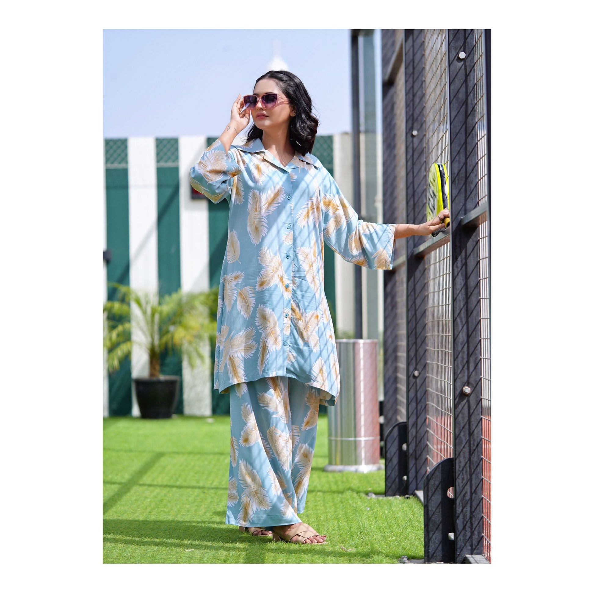 Basix Women's Co-Ord Set, Viscose, Sea Green With Leaves, CORD-124
