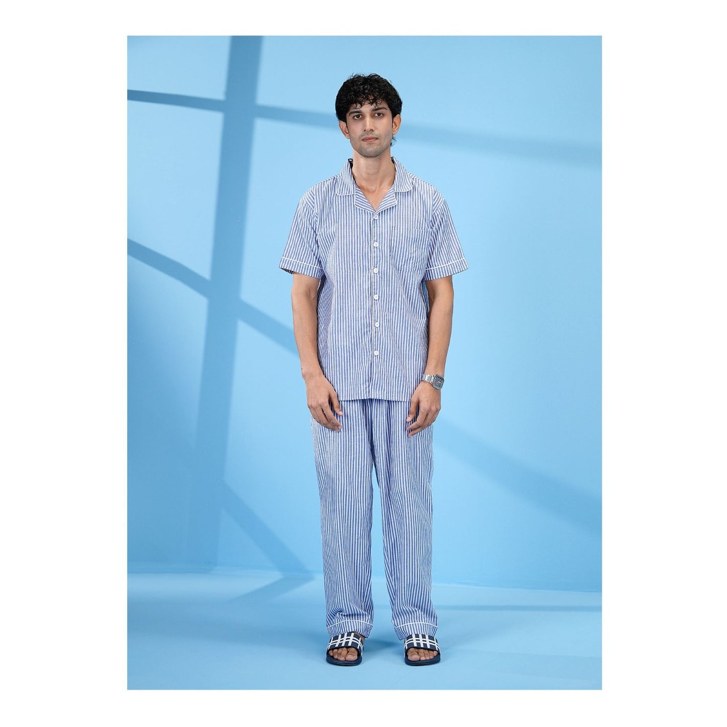 Basix Men's Stripes Short Sleeves Loungewear 2 Piece Set, Blue &amp; White LW-842
