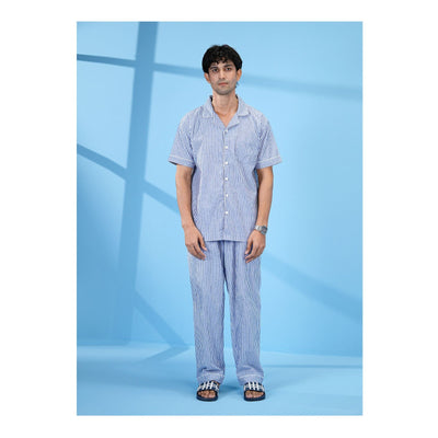 Basix Men's Stripes Short Sleeves Loungewear 2 Piece Set, Blue & White LW-842