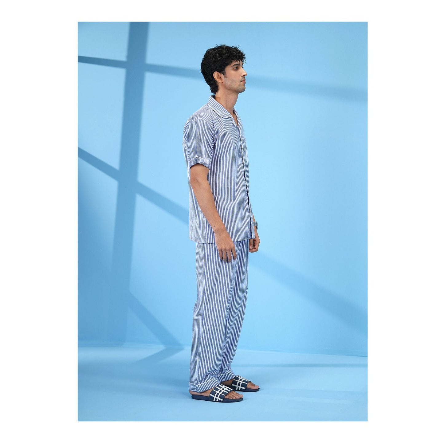 Basix Men's Stripes Short Sleeves Loungewear 2 Piece Set, Blue &amp; White LW-842