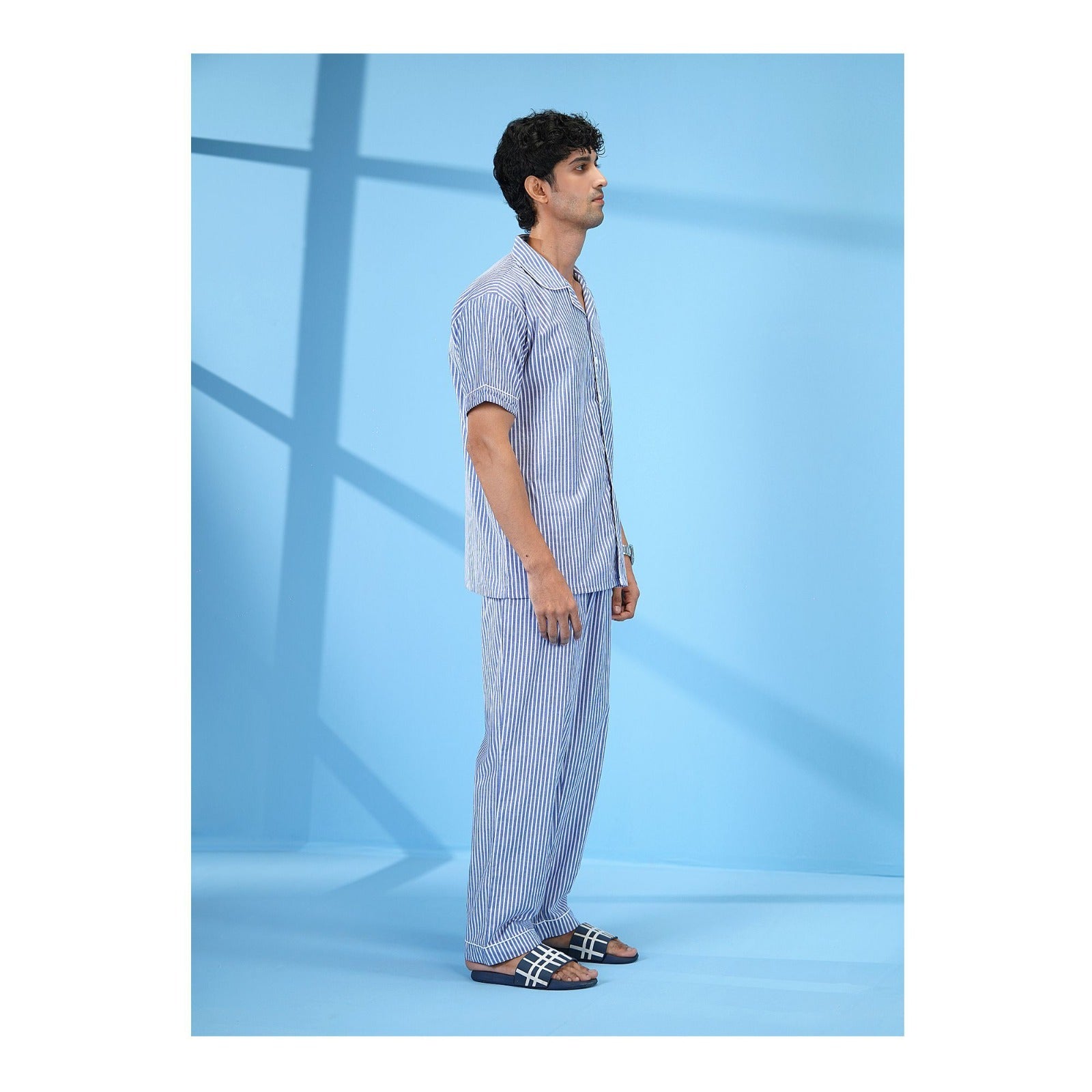 Basix Men's Stripes Short Sleeves Loungewear 2 Piece Set, Blue &amp; White LW-842