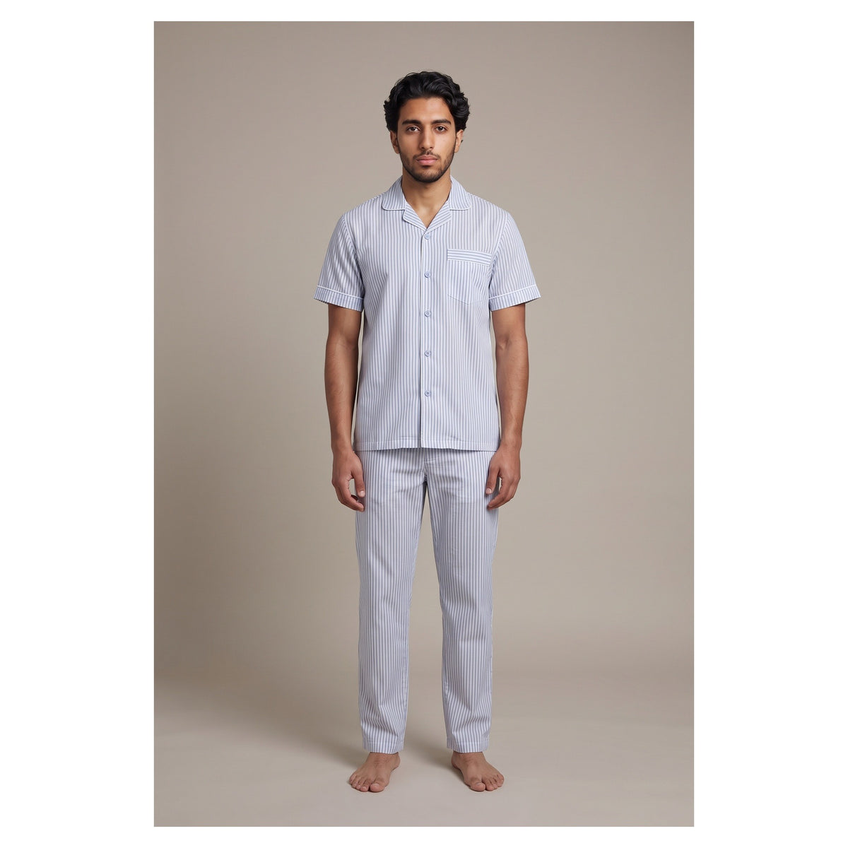 Basix Men's Stripes Short Sleeves Loungewear 2 Piece Set Sky Blue & White LW-843