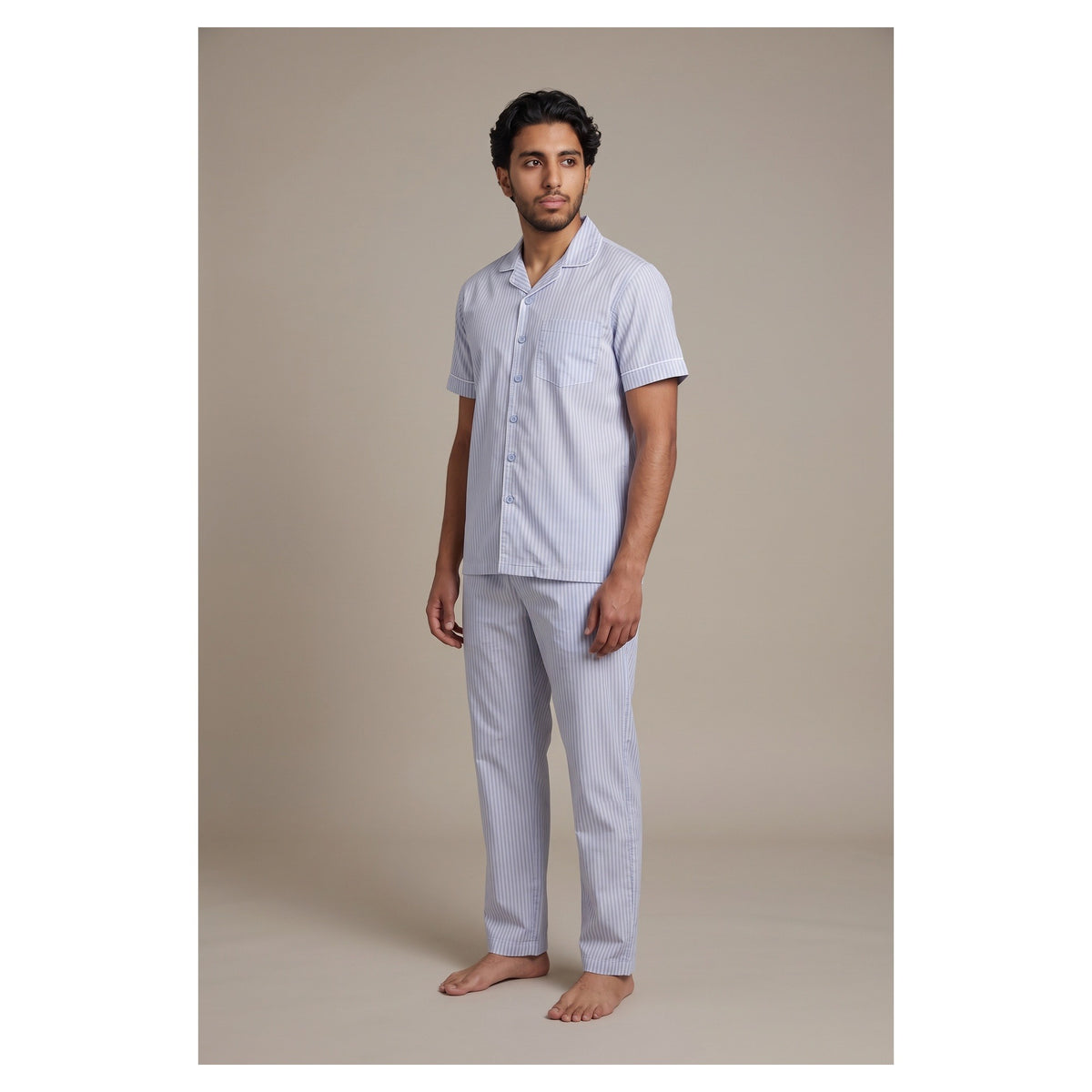 Basix Men's Stripes Short Sleeves Loungewear 2 Piece Set Sky Blue & White LW-843