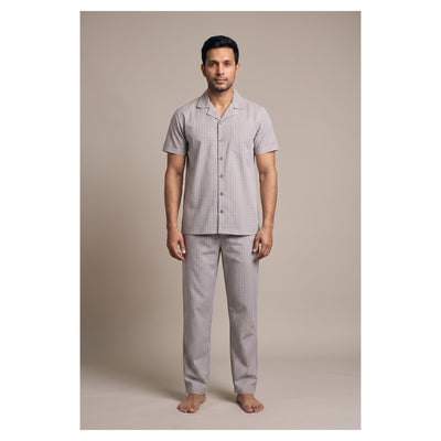 Basix Men's Checks Short Sleeves Loungewear 2 Piece Set Brown & White Cotton LW-855