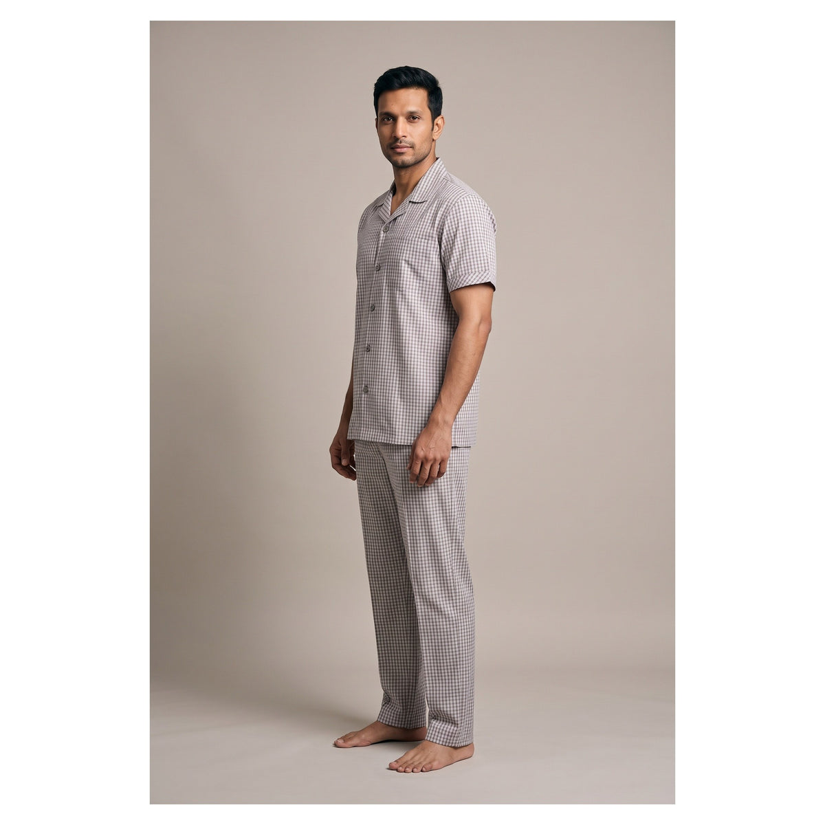 Basix Men's Checks Short Sleeves Loungewear 2 Piece Set Brown & White Cotton LW-855