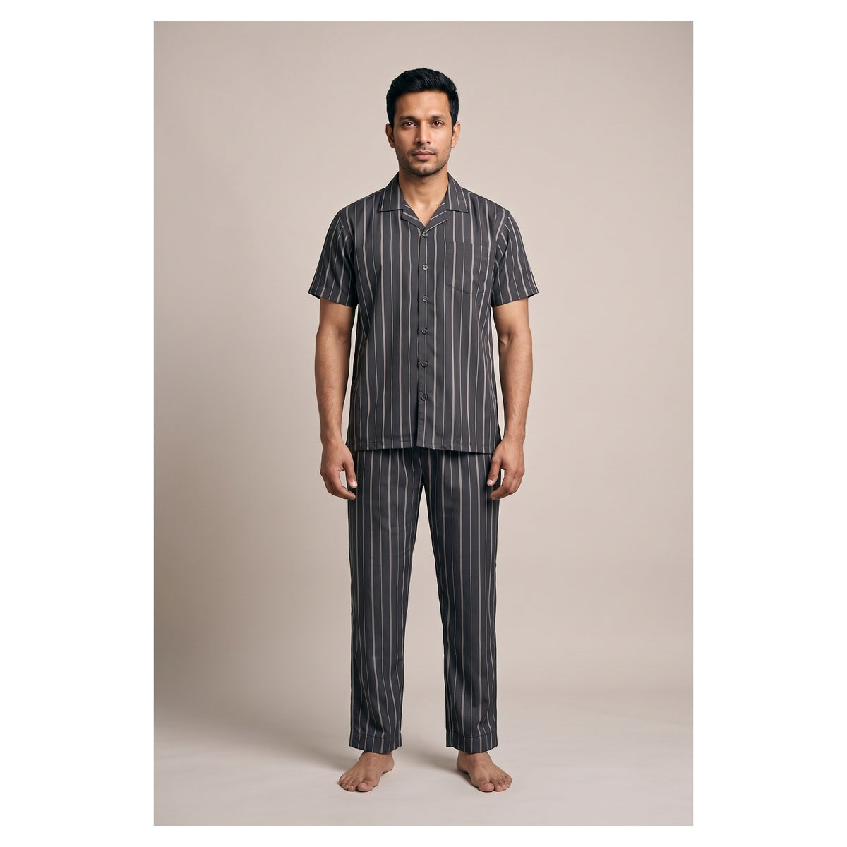 Basix Men's Stripes Short Sleeves Loungewear 2 Piece Set Charcoal Grey & Matte Silver LW-866