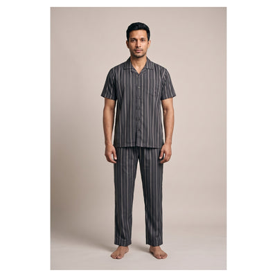 Basix Men's Stripes Short Sleeves Loungewear 2 Piece Set Charcoal Grey & Matte Silver LW-866