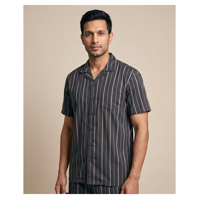 Basix Men's Stripes Short Sleeves Loungewear 2 Piece Set Charcoal Grey & Matte Silver LW-866