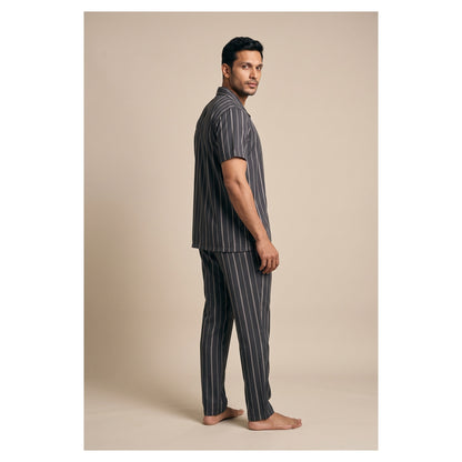 Basix Men's Stripes Short Sleeves Loungewear 2 Piece Set Charcoal Grey & Matte Silver LW-866