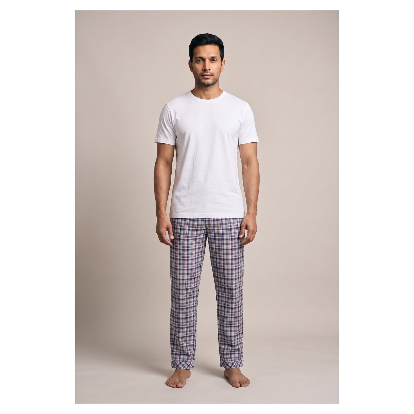 Basix Men's Checkered Trouser Multi Colored Grey Green & Charcoal MT-956