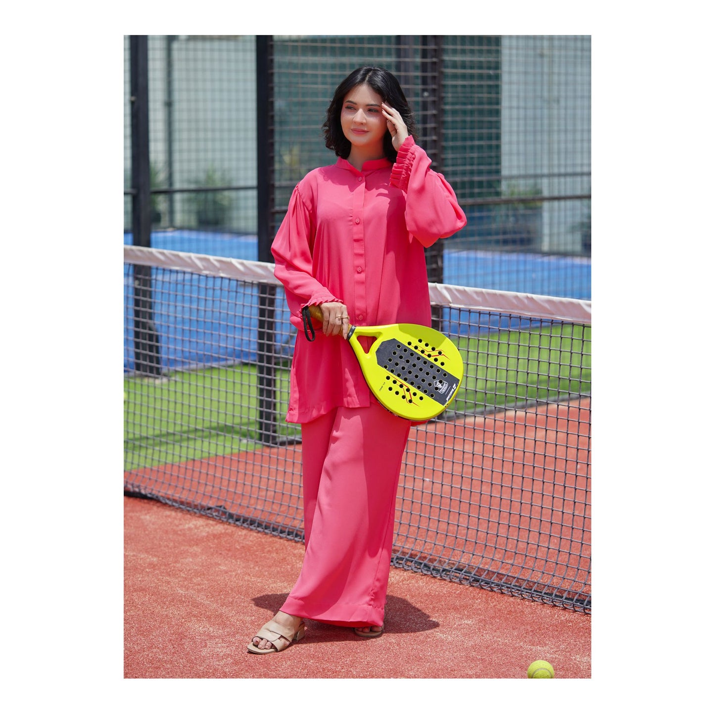 Basix Women's Peach Co-ord Set Dress, Frill Cuff &amp; Bell Bottom Trouser, CORD-103