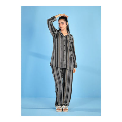 Basix Women's Stripes Loungewear 2 Pieces Set, Black Grey & White, LW-676