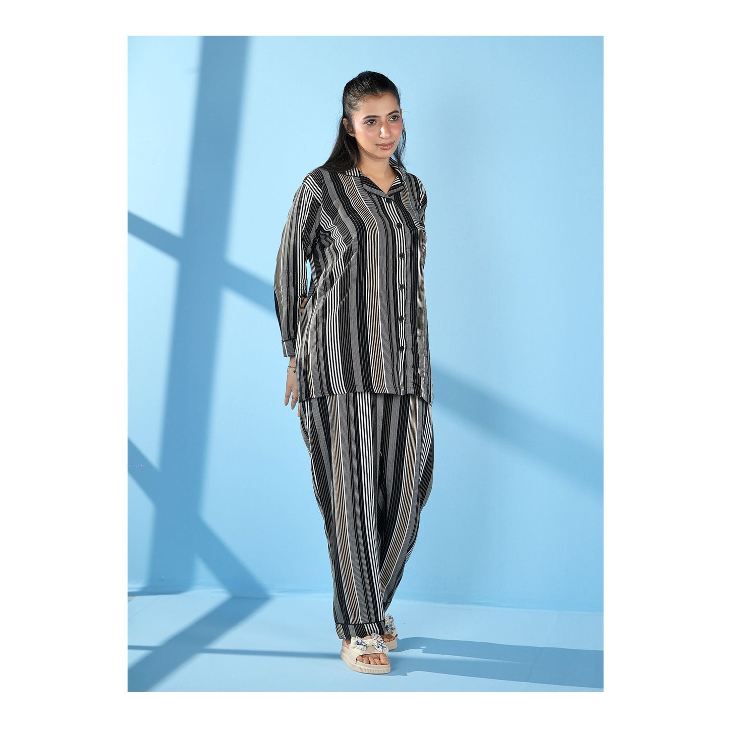 Basix Women's Stripes Loungewear 2 Pieces Set, Black Grey &amp; White, LW-676